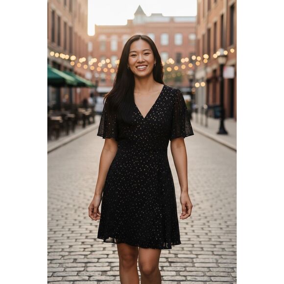 Madewell Cape Sleeve Midi-Dress Black w/ Gold Metallic Dots Faux Wrap Women10 - Picture 1 of 11